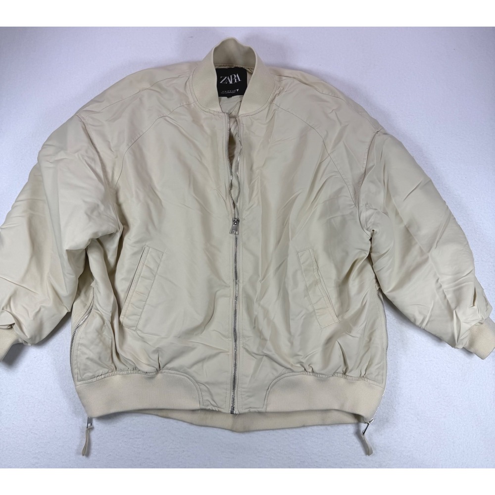 Zara Oversized Bomber Jacket Cream Off White Zip Up Side Vents Size M